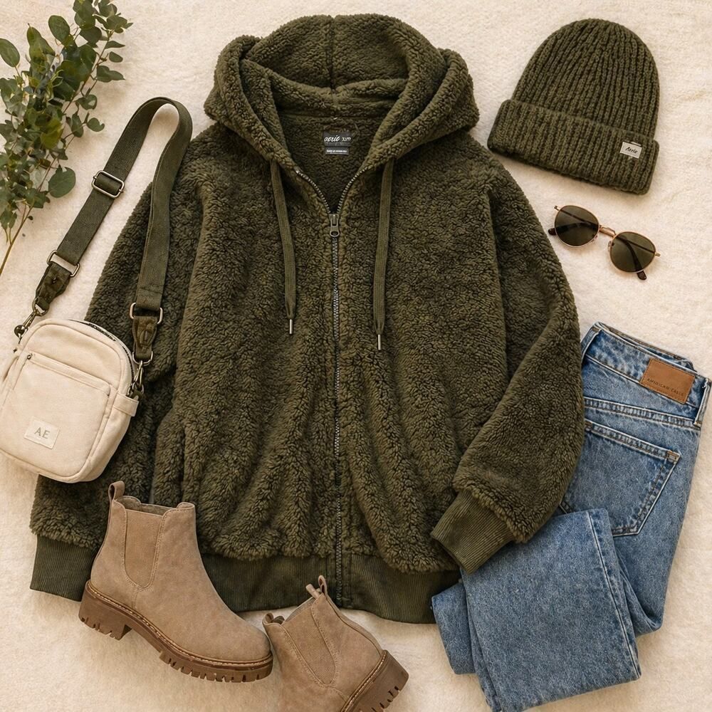 Aerie Sherpa Zip Hoodie Olive Green Cozy Faux Fur Oversized Lounge Core XS
